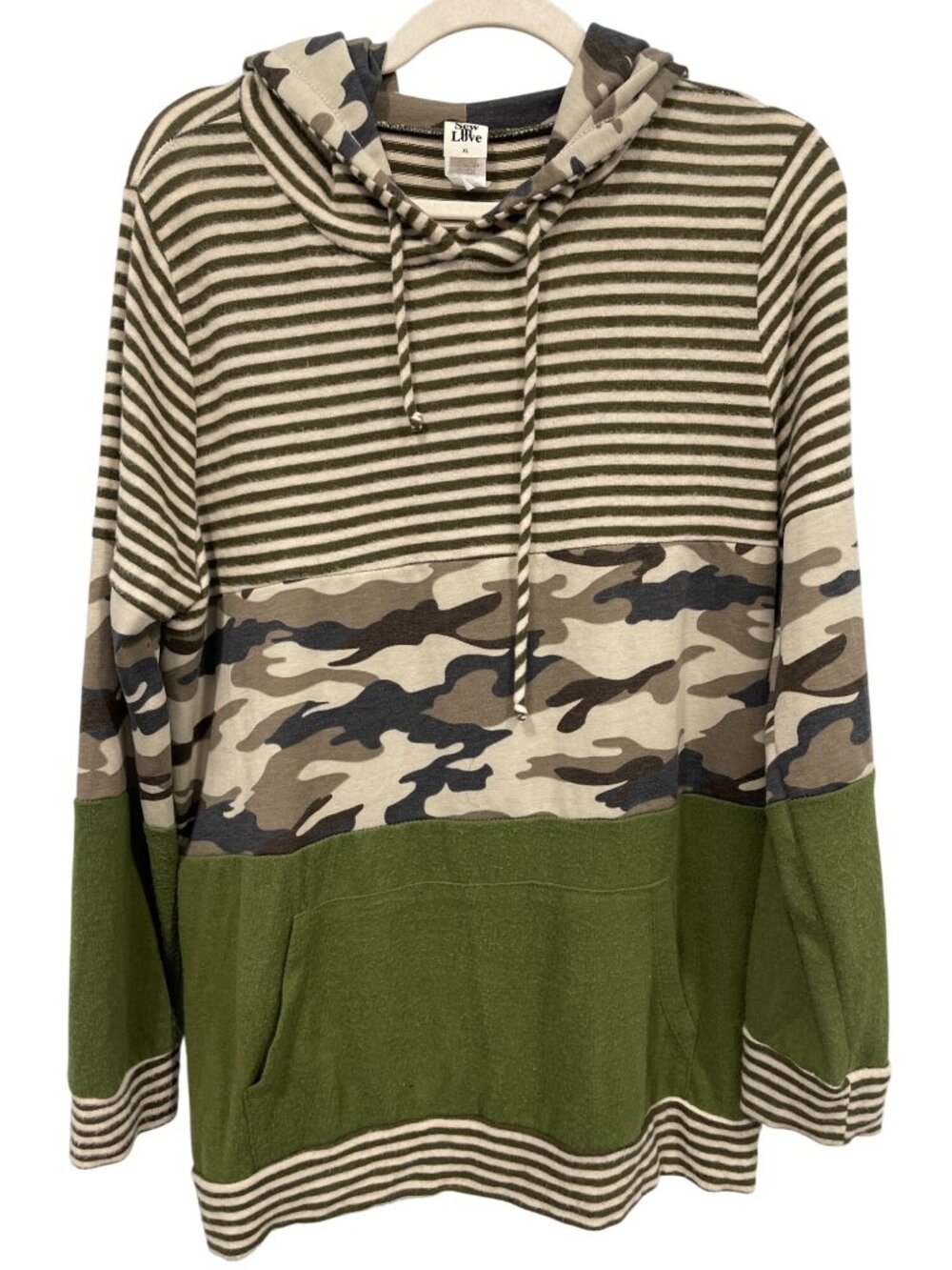 Sew In Love Hoodie Sweatshirt Size XL Stripe Camo Colorblock Relaxed Green White